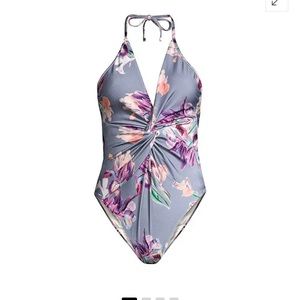 PatBO Grace Deep-V Halter One-Piece swim suit. Grey floral. Size large.